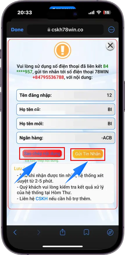 Bước 5 : Sao chép nội dung - Dùng SĐT đăng ký tài khoản >> Gửi thông tin đã sao chép đến SĐT của hệ thống >> Chờ xét duyệt trong vài phút